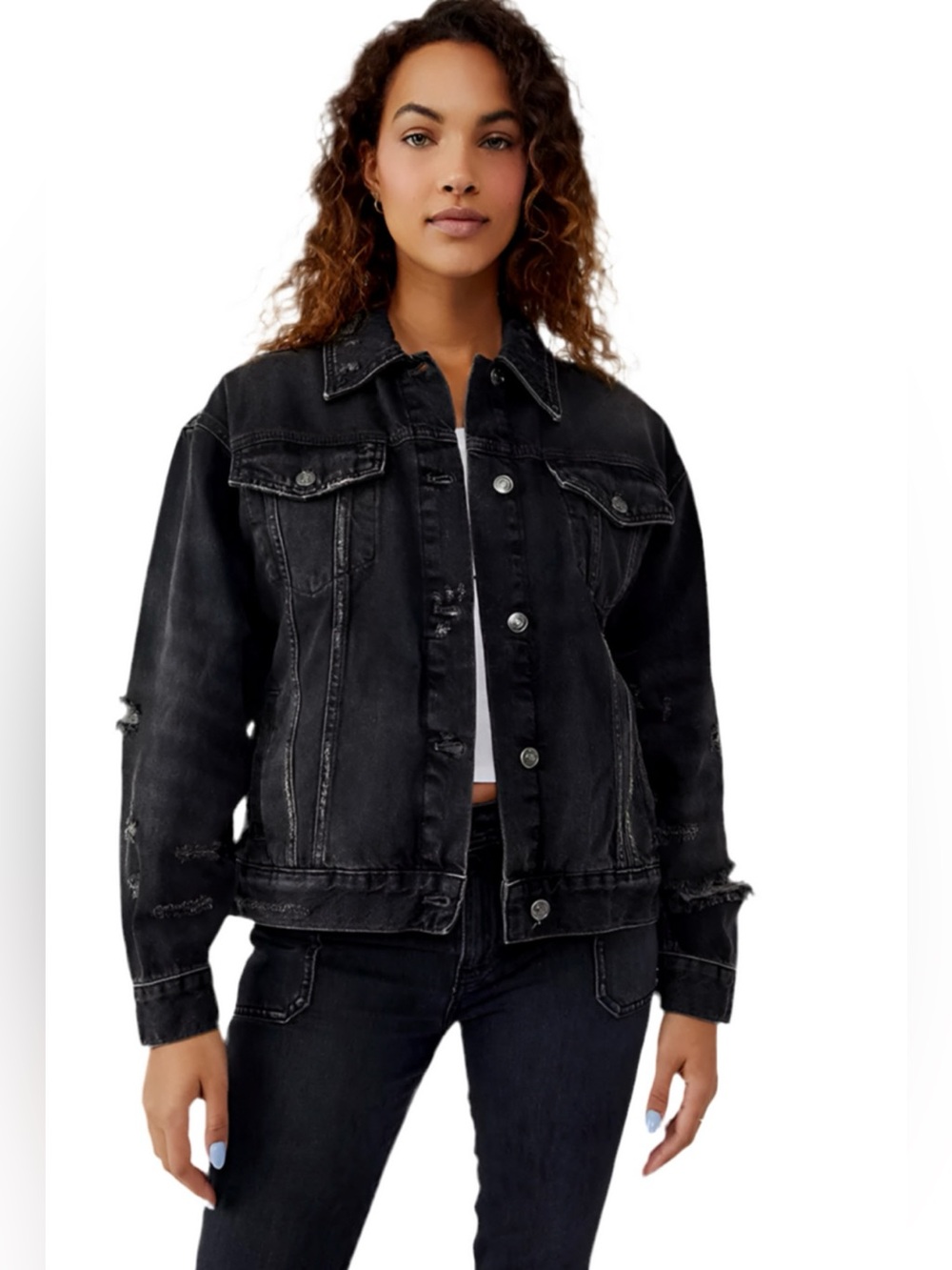 Free People We The Free Jolene Distressed Denim Trucker Jacket Black Size S